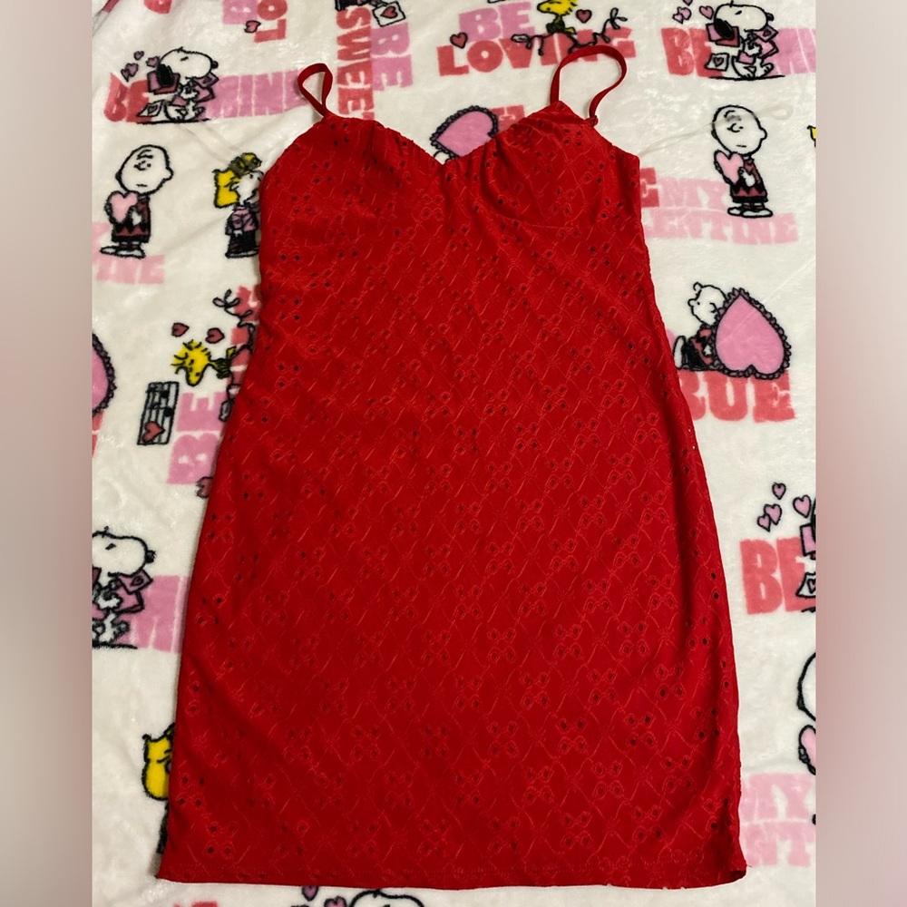 No Boundaries Red Strapless Eyelet Dress